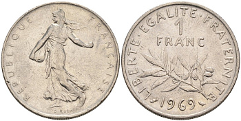 Франция 1 франк 1969 сеятель KM 925.1, Le Franc 226.14 никель 4390-116