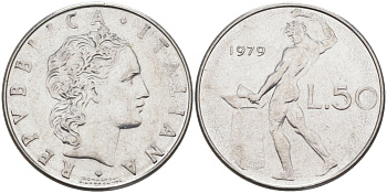 Италия 50 лир 1979 R, Бог огня Вулкан у наковальни KM 95.1 нержавеющая сталь 4525-1016