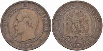 ФРАНЦИЯ 10 САНТИМОВ 1855 B, НАПОЛЕОН III (1852-1870) KM 771.2, LE FRANC 133.21 бронза 38-1135