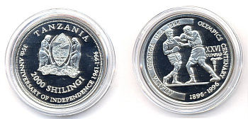 Танзания 2000 шиллингов 1996 XXVI Олимпийские игры 1996 года в Атланте, 100 лет Олимпийскому движению, боксеры, пробник, рубчатый гурт серебро PROOF 06-157-32
