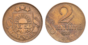 Латвия 2 сантима 1932 KM 2 бронза 4679-244