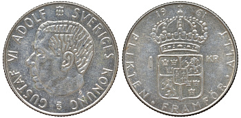 Швеция 1 крона 1961 TS, Густав VI Адольф (1950-1973) KM 826 серебро 4178-743