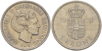 Дания 1 крона 1978 S; B, Маргрете II (1972-) KM 862.1 медно-никель 67-557