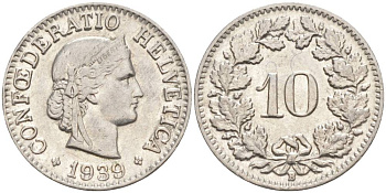 Швейцария 10 раппенов 1939 B KM 27b никель     201-355