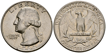 США 25 центов (квотер) 1964 Вашингтон KM 164 серебро 4177-735