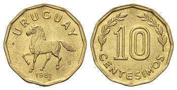 Уругвай 10 сентесимо 1981 KM 66 алюминиевая бронза UNC 4668-1046