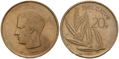 Бельгия 20 франков 1980 Belgique, Бодуэн I (1951-1993) KM 159 никель бронза 4601-327