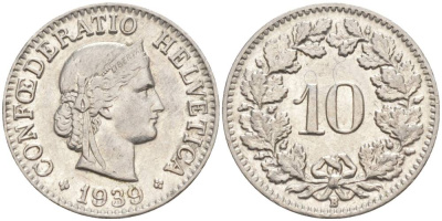 Швейцария 10 раппенов 1939 B KM 27b никель     201-355