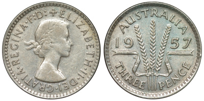 Австралия 3 пенса 1957 m, Елизавета II (1953-) KM 57 серебро 71-534