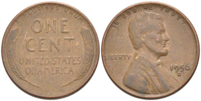 США 1 ЦЕНТ 1956 D, ЛИНКОЛЬН KM А132 медь цинк 218-269