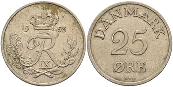 Дания 25 эре 1955 N; S, Фредерик IX (1947-1972) KM 842.1 медно-никель 67-945