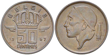 Бельгия 50 сантимов 1967 Belgie, Бодуэн I (1951-1993) KM 149.1 бронза 214-211