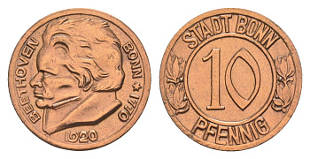 Бонн 10 пфеннигов 1920 Funck 51.1A, Men05 3220.1, Men18 4134.1 железо плакированная медью aUNC 3459-147