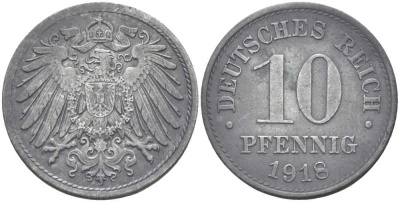 ГЕРМАНИЯ 10 ПФЕННИГОВ 1918 KM 26, J. 299 цинк 4401-134