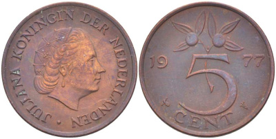 Нидерланды 5 центов 1977 Юлиана (1948-1980) KM 181 бронза 210-1224