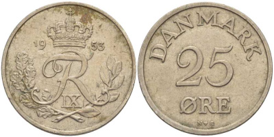 Дания 25 эре 1955 N; S, Фредерик IX (1947-1972) KM 842.1 медно-никель 67-945
