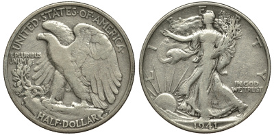 США 1/2 доллара (50 центов) 1941 S, шагающая свобода KM 142 серебро 413-311