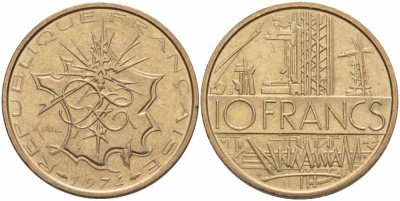 Франция 10 франков 1974 тип Матье KM 940, Le Franc 365.3-4 никель латунь 38-846