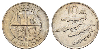 Исландия 10 крон 1984 рыбы KM 29.1 медно-никель 4582-321
