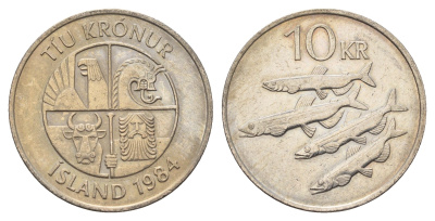 Исландия 10 крон 1984 рыбы KM 29.1 медно-никель 4582-321