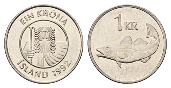 Исландия 1 крона 1992 треска KM 27a сталь плакированная никелем UNC 4687-844