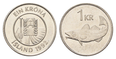 Исландия 1 крона 1992 треска KM 27a сталь плакированная никелем UNC 4687-844
