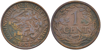 НИДЕРЛАНДЫ 1 ЦЕНТ 1937 ВИЛЬГЕЛЬМИНА (1890-1948) KM 152 бронза 76-212