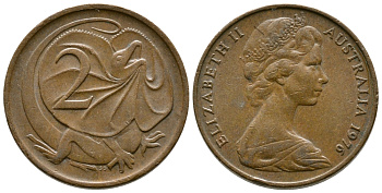 Австралия 2 цента 1976 Елизавета II (1952-2022), плащеносная ящерица (FRILLED LIZARD)  KM 63 бронза 84-422
