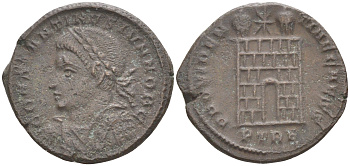 Римская Империя нуммий 327 - 328 Константин II в ранге цезаря, бюст цезаря, CONSTANTINVS IVN NOB C / ворота лагеря, PROVIDENTIAE CAESS, Августа Треверов (из немецкой коллекции 1-й половины XX века, с владельческой этикеткой) RIC 512 биллон 1073-15-84