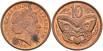 Новая Зеландия 10 центов 2006 Елизавета II (1952-2022), маска маори KM 117а сталь плакированная медью 106-1153