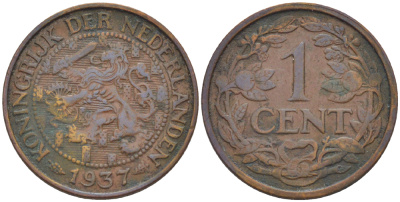 НИДЕРЛАНДЫ 1 ЦЕНТ 1937 ВИЛЬГЕЛЬМИНА (1890-1948) KM 152 бронза 76-212
