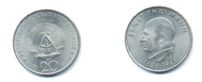 ГДР 20 марок 1971 A, 85 лет со дня рождения Эрнста Тельмана KM 34, J. 1535 медно-никель 3333-611