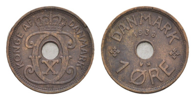 Дания 1 эре 1938 N, Кристиан X (1912-1947) KM 826 бронза 4658-157
