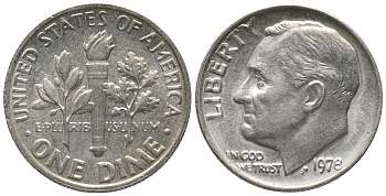 США 10 центов (дайм) 1978 Рузвельт KM 195а медь плакированная медно-никелем 100-1062