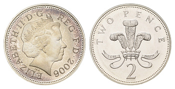 Великобритания 2 пенса 2006 Елизавета II (1952-2022), тираж 8.000 экземпляров KM 987b, Spink C5 серебро PROOF 1095-8-41