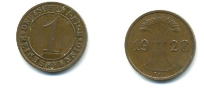 ГЕРМАНИЯ 1 РЕЙХСПФЕННИГ 1928 F KM 37, J.313 бронза 46-863