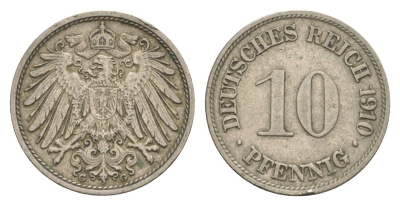 Германия 10 пфеннигов 1910 G, Вильгельм II (1888-1918) KM 12, J. 13 медно-никель 4644-1169