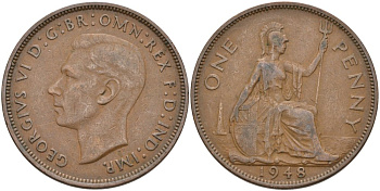 Великобритания 1 пенни 1948 Георг VI (1936-1952) KM 845, Spink 4114 бронза 4574-144