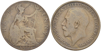 Великобритания 1/2 пенни 1922 Георг V (1910-1936) KM 809, Spink 4056 бронза 4544-214