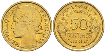 ФРАНЦИЯ 50 САНТИМОВ 1941 ТИП MORLON KM 894.1, LE FRANC 192.18 алюминиевая бронза 44-469