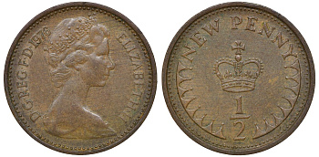 Великобритания 1/2 пенни 1976 Елизавета II (1952-2022) KM 914, Spink 4239 бронза 72-1629