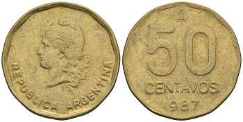 Аргентина 50 сентаво 1987 голова свободы влево KM 99, Schon 99 латунь    60-1047