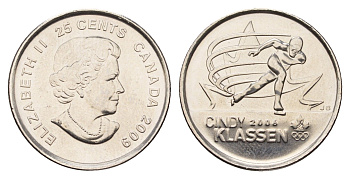 Канада 25 центов 2009 Синди Классен - шестикратный призёр Олимпийских игр KM 1065 сталь плакированная никелем UNC 110-327
