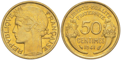 ФРАНЦИЯ 50 САНТИМОВ 1941 ТИП MORLON KM 894.1, LE FRANC 192.18 алюминиевая бронза 44-469