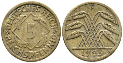 ГЕРМАНИЯ 5 РЕЙХСПФЕННИГОВ 1925 F KM 39, J. 316 алюминиевая бронза 39-539