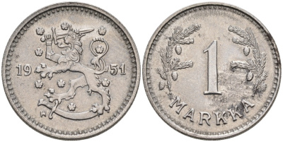 ФИНЛЯНДИЯ 1 МАРКА 1951 H KM 30b железо 4563-713