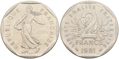 ФРАНЦИЯ 2 ФРАНКА 1981 СЕЯТЕЛЬ KM 942.1, LE FRANC 272.5 никель 3855-713
