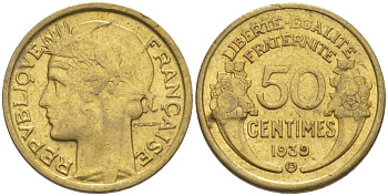 ФРАНЦИЯ 50 САНТИМОВ 1939 В, ТИП MORLON, МОНДВОР БРЮССЕЛЬ KM 894.2, LE FRANC 192.16 алюминиевая бронза 44-922