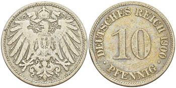 Германия 10 пфеннигов 1900 D KM 12, J. 13, Weege 8 медно-никель 261-1342