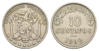 Боливия 10 сентаво 1892 KM 172 медно-никель 413-524
